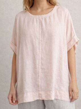 FLAX Linen Blush Pink Boxy Top Short Sleeve Oversized Large